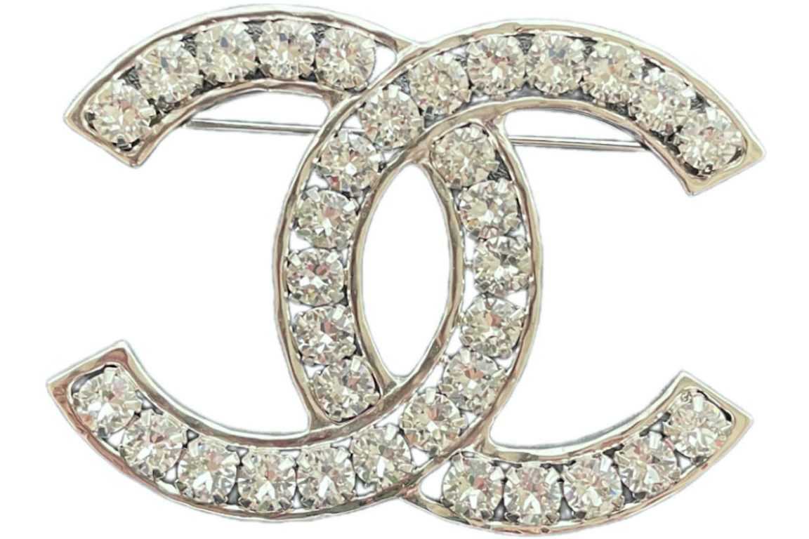 Chanel Crystal CC Logo Brooch Silver